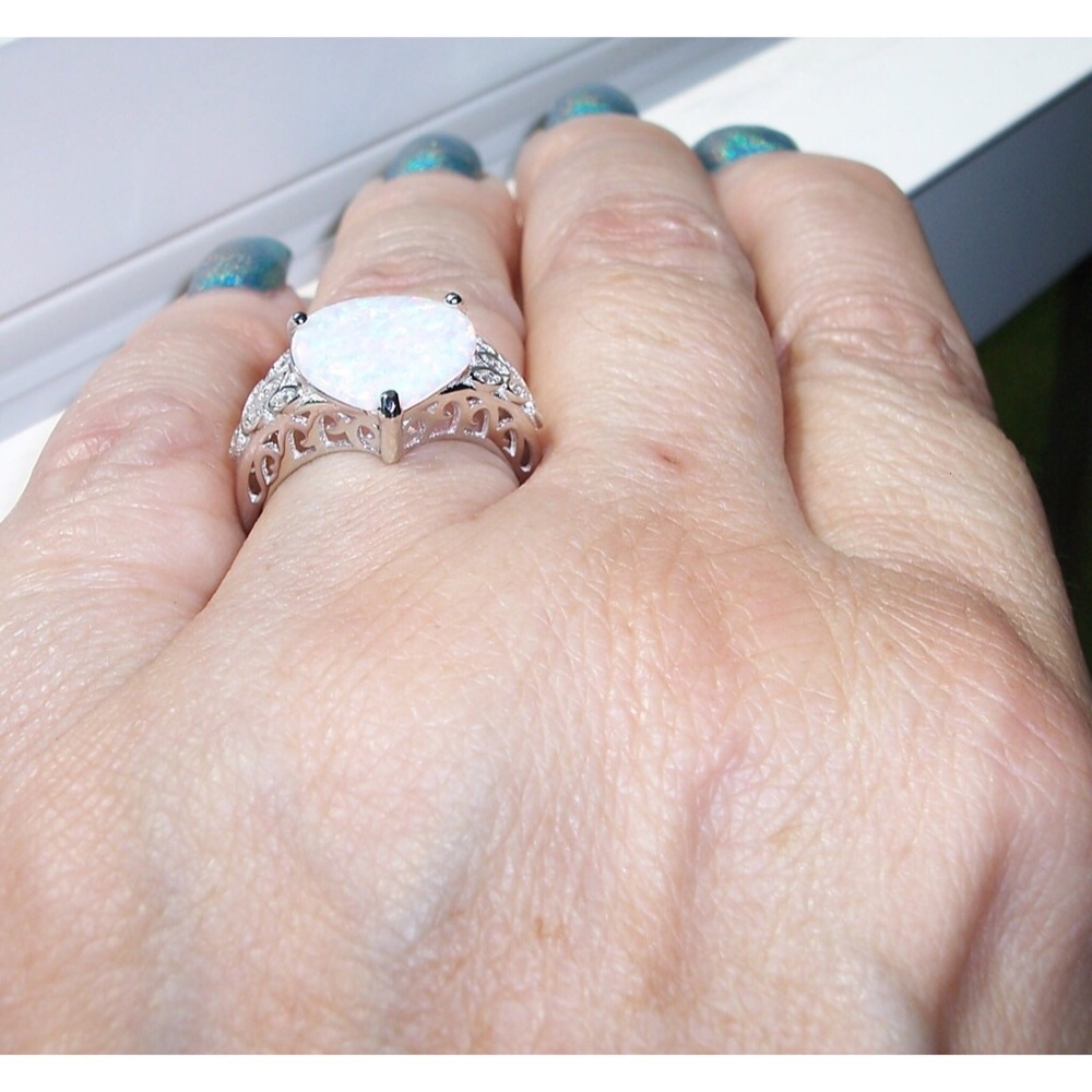 925 STERLING SILVER Lab Created White Fire Opal & CZ Ring - Picture 5 of 16